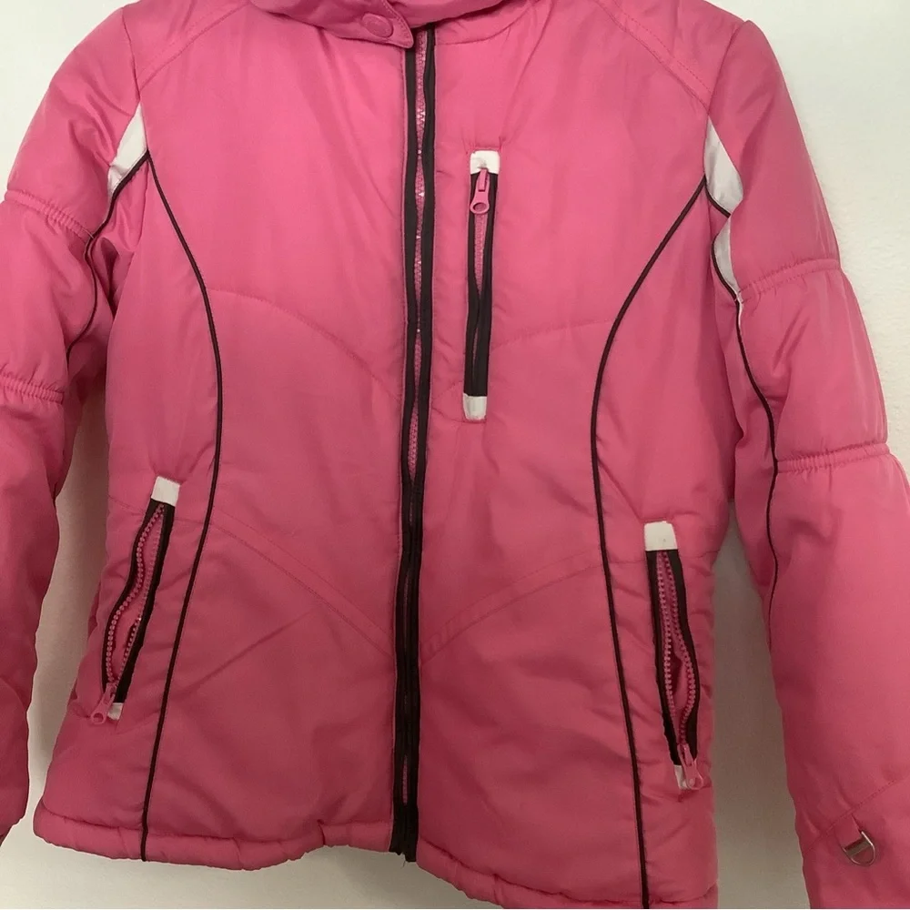 London Fog Girls Size L 14-16 Pink Faux Fur Puffer Hooded Jacket Coat W/plaid
